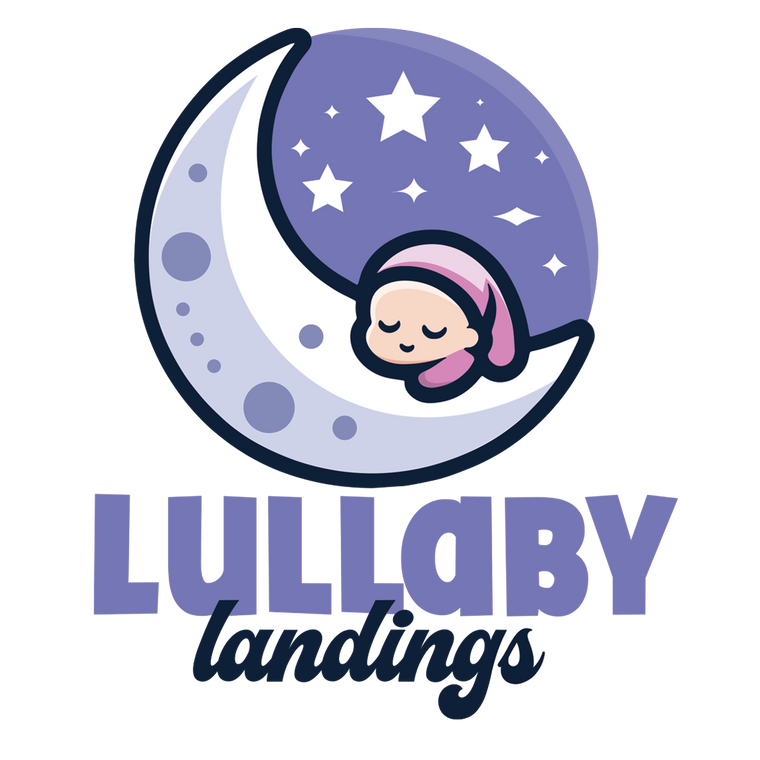 Logo of Lullaby Landings with a child sleeping on a moon and stars design.